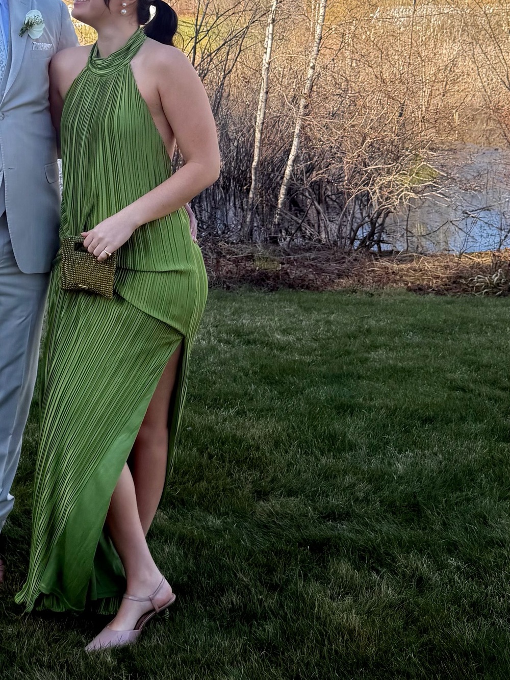 Elegant Green Pleated Halter Wedding Guest Dress/Gown - Picture 3 of 3